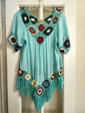 NEGS Turquoise Crochet Granny Square Fringe Boho Tunic Cover Up Estimated S/M